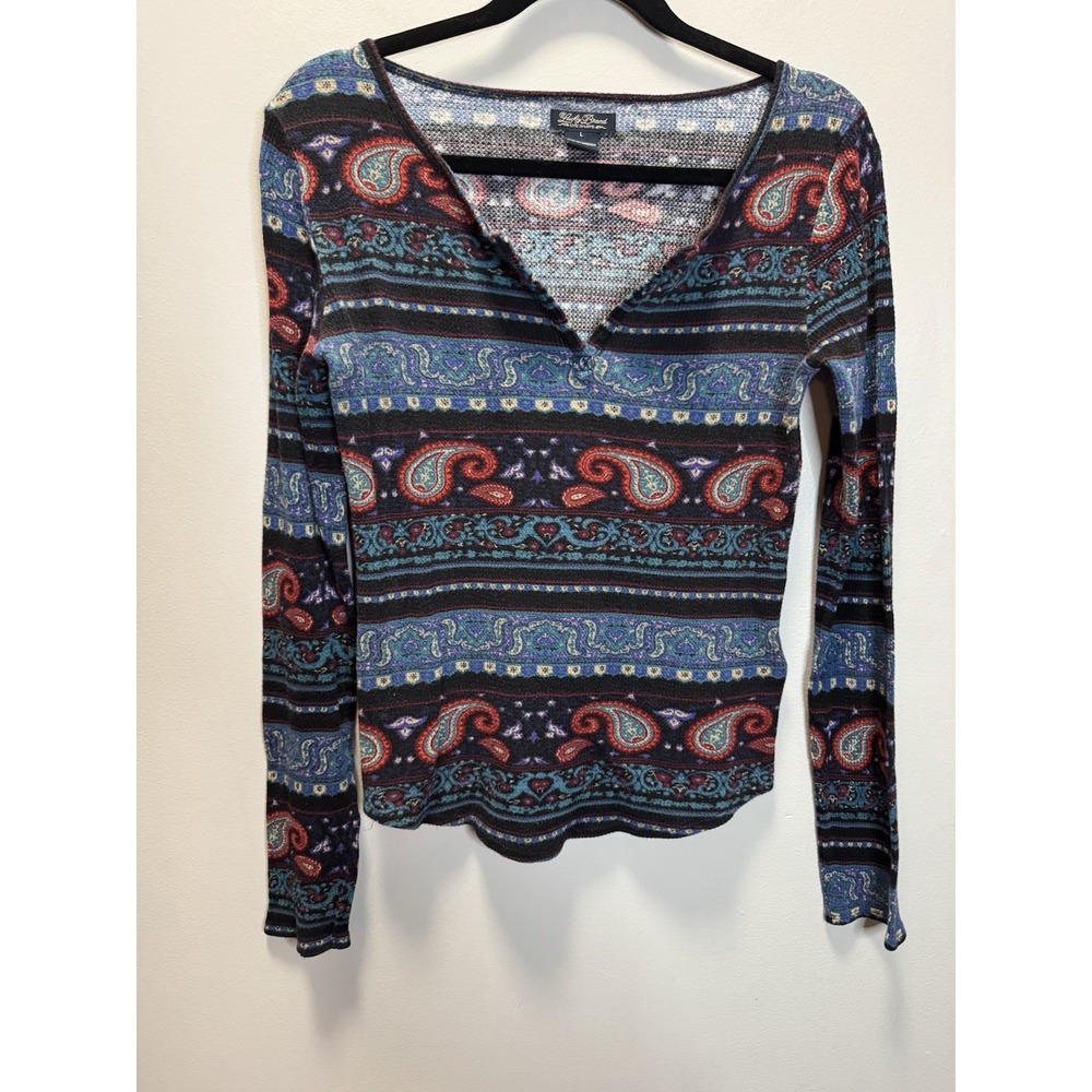 Lucky Brand Waffle Knit Top 100% Cotton Womens SZL Multicolor Paisley Knit VNeck
